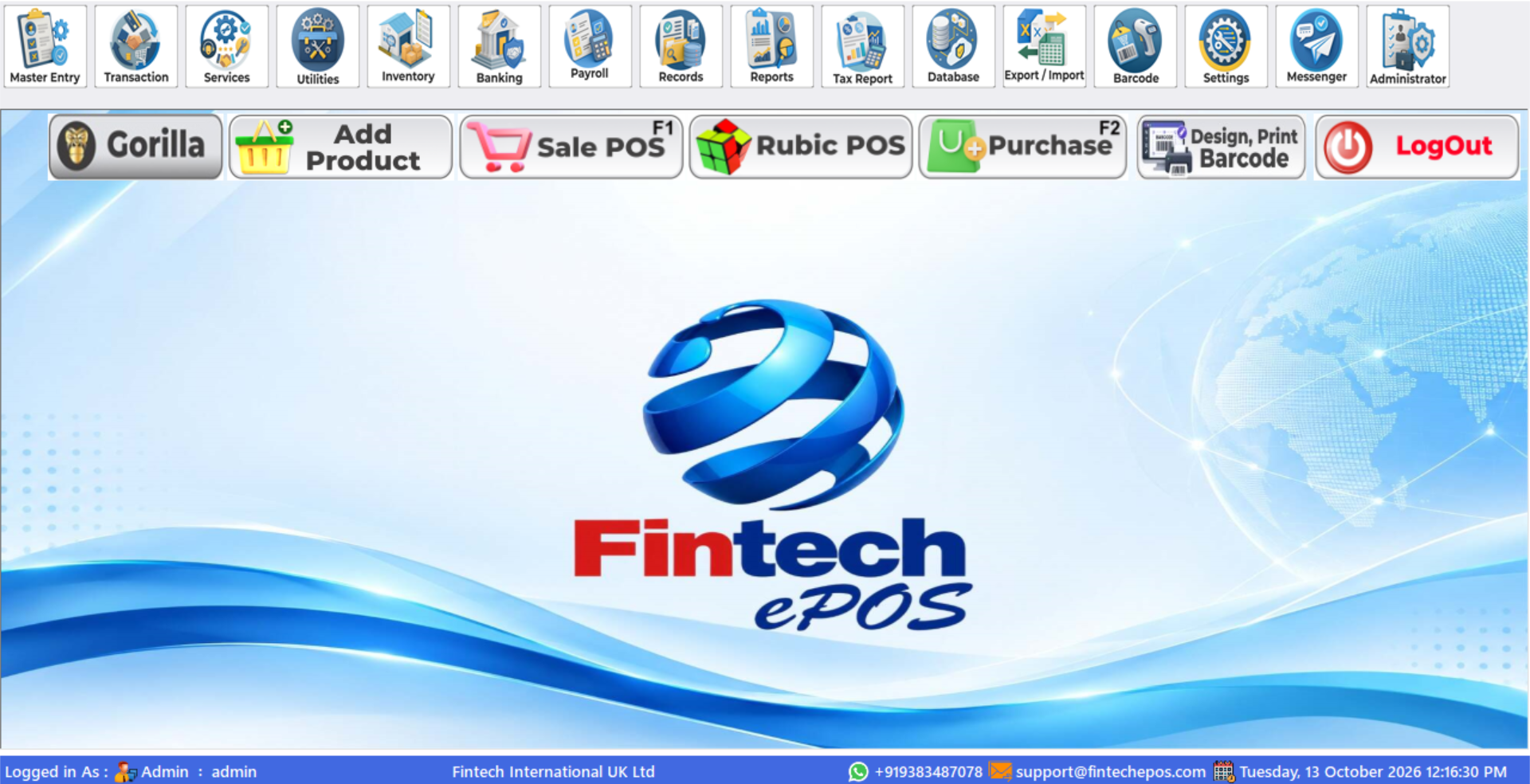 Fintech EPOS home screen with shortcuts for sales, inventory, banking, reports, and administration